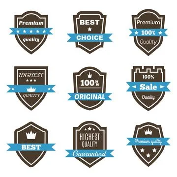 Set of 9 vintage badges. Shields with ribbons. Sale, premium quality, best .. Stock Illustration