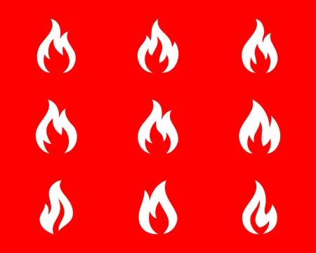 Set of 9 white flame icons on red background. Vector fire silhouettes for safety Stock Illustration