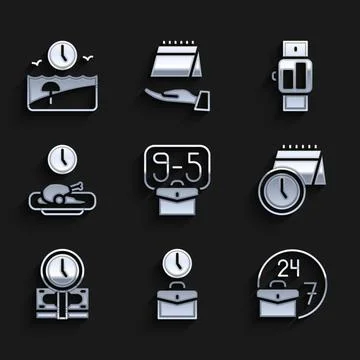 Set From 9, Work time, Always busy, Calendar and clock, Time is money, Food.. Stock Illustration