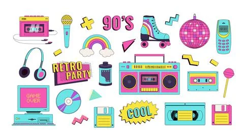Set of 90s 00s retro devices in modern memphis style. Vintage audio player Stock-Illustration