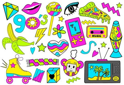 Set of 90s retro devices in modern acid psychedelic style. Nostalgia for 1990s Stock Illustration