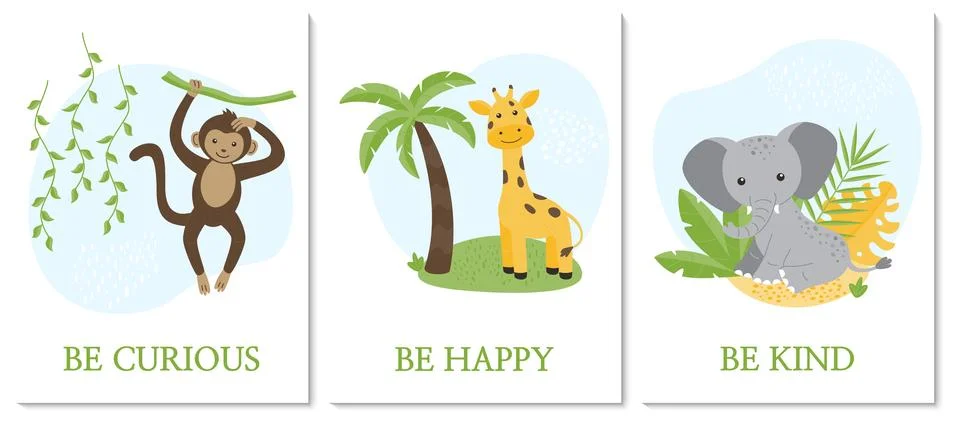 A set of A4 children's posters with an image of an animal. Stock-Illustration