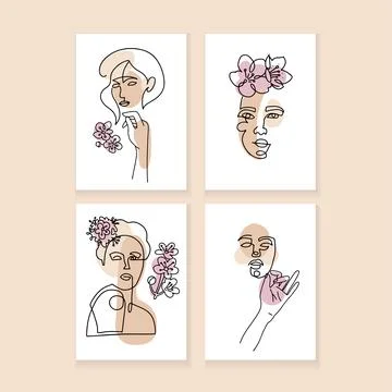 Set of a4 minimalistic posters. One line drawing abstract woman face with flower Stock Illustration