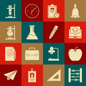 Set Abacus, Apple, Graduation cap on screen laptop, Exam sheet with clock, Test Stock Illustration