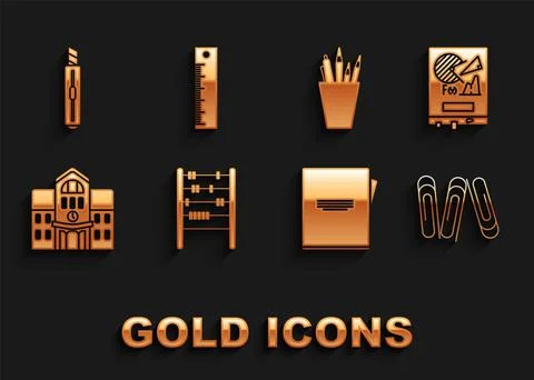 Set Abacus, Board with graph chart, Paper clip, Notebook, School building, Pe Ilustración de archivo