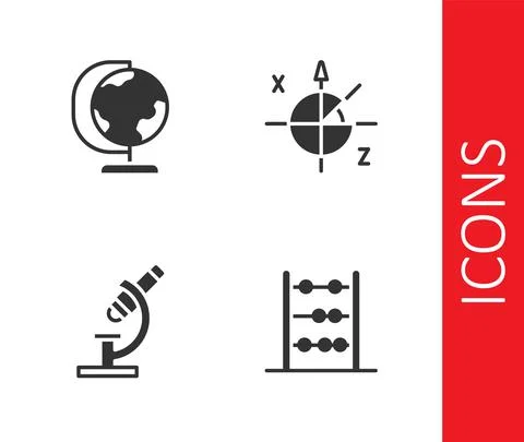 Set Abacus, Earth globe, Microscope and Trigonometric circle icon. Vector Stock Illustration