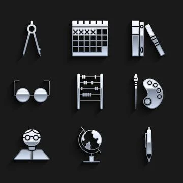 Set Abacus, Earth globe, Pen, Paint brush with palette, Student, Glasses, O.. Stock Illustration