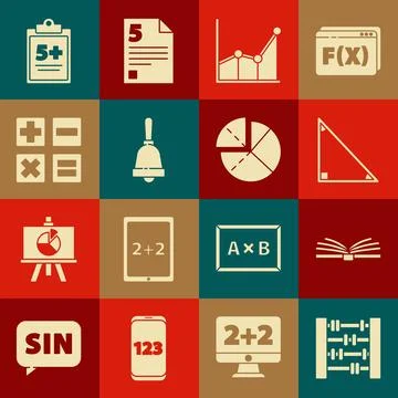 Set Abacus, Open book, Triangle math, Graph, schedule, chart, diagram, Ring.. Illustrazione stock
