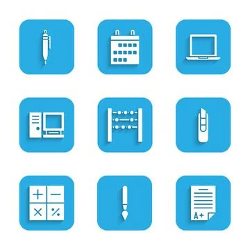Set Abacus, Paint brush, Exam sheet with plus grade, Stationery knife 스톡 일러스트