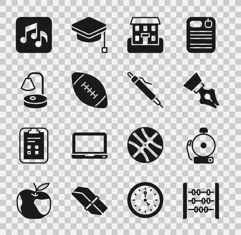 Set Abacus, Ringing alarm bell, Fountain pen nib, School building, American Ilustración de archivo