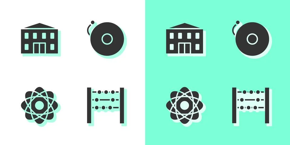 Set Abacus, School building, Atom and Ringing alarm bell icon. Vector Ilustración de archivo