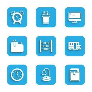 Set Abacus, Table lamp, Book, School Bus, Clock, Document folder with clip Ilustración de archivo