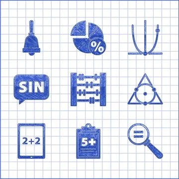 Set Abacus, Test or exam sheet, Calculation, Triangle math, Tablet with Illustrazione stock