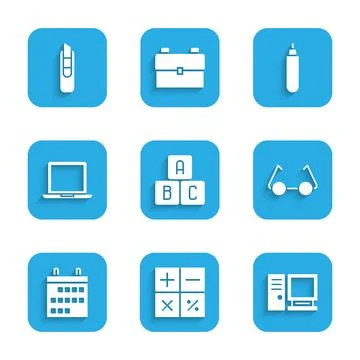 Set ABC blocks, Calculator, Computer monitor, Glasses, Calendar, Laptop, Marker Ilustración de archivo