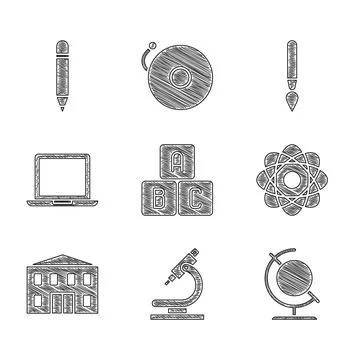 Set ABC blocks, Microscope, Earth globe, Atom, School building, Laptop, Paint イラスト素材