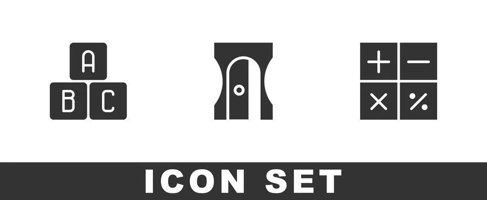 Set ABC blocks, Pencil sharpener and Calculator icon. Vector Stockillustratie