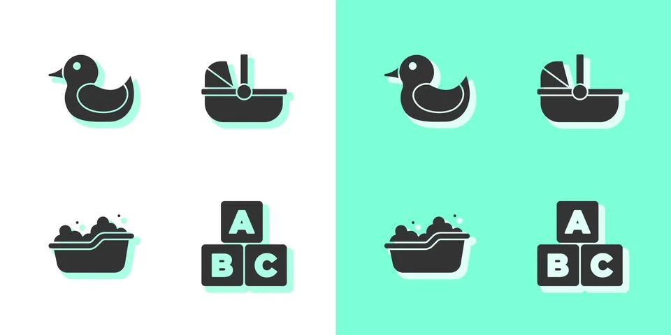 Set ABC blocks, Rubber duck, Baby bathtub and stroller icon. Vector Stockillustratie
