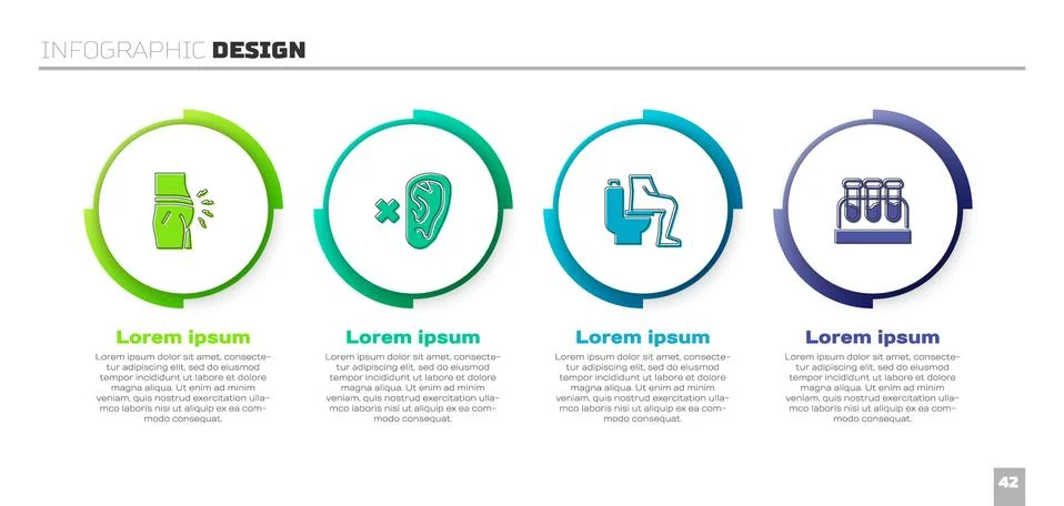 Set Abdominal bloating, Deaf, Constipation and Test tube with blood. Business Illustrazione stock
