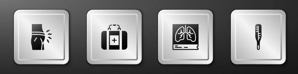 Set Abdominal bloating, First aid kit, Lungs x-ray and Medical thermometer icon Stock Illustration
