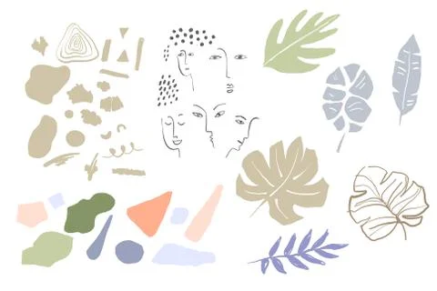 Set of absctract background with tropical elements and girl face in one line Illustrazione stock