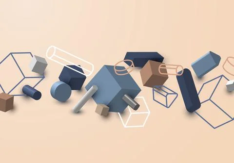 Set of abstract 3D geometric elements with shadow and outlines graphic backgr Illustrazione stock