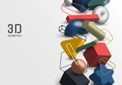 Set of abstract 3D geometric elements with shadow and outlines graphic backgr Stock Illustration