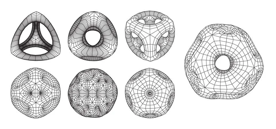 Set of abstract 3d wireframe shapes or elements with smooth corners and holes 库存插图