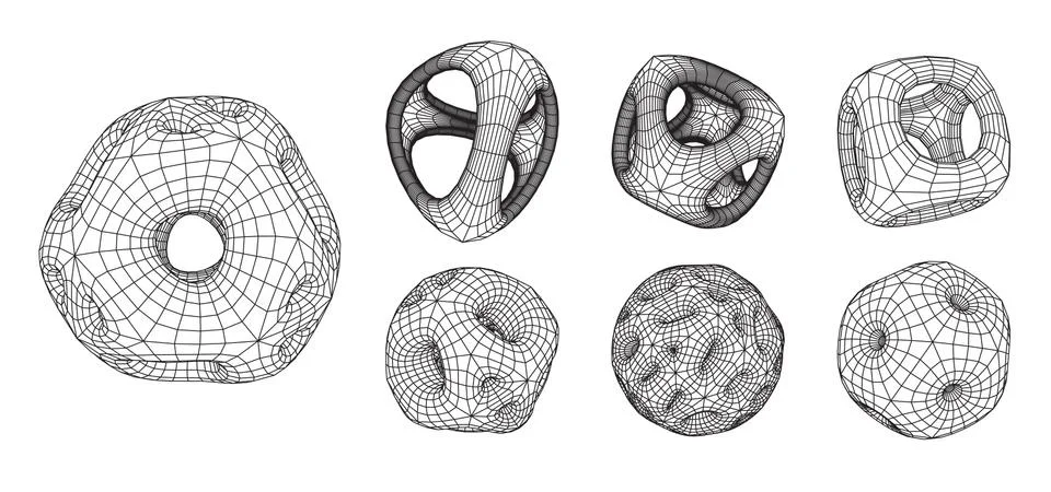 Set of abstract 3d wireframe shapes or elements with smooth corners and holes Stock Illustration