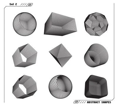 Set of abstract 3d wireframe shapes or elements with open edges. Scientific and Stock Illustration