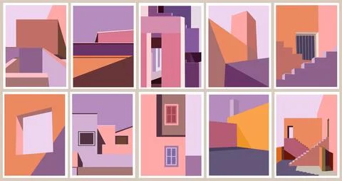 Set of Abstract architectural vector art scenes. Stock Illustration