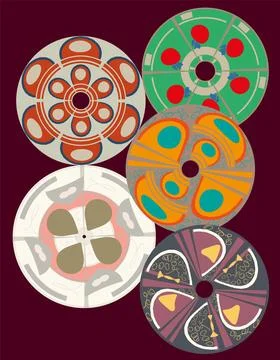 A set of abstract author's seamless brushes is presented on round shapes. 库存插图