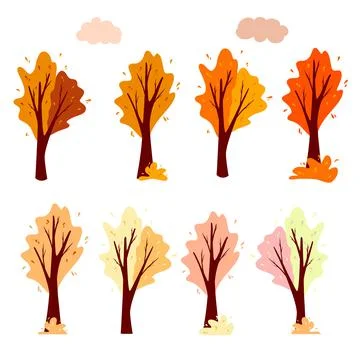 Set Abstract autumn tree and cloud. Ornamental plant. Cartoon style. Stock Illustration