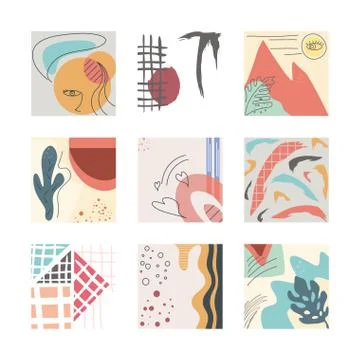 Set of abstract backgrounds, drawn with various shapes and doodles objects 스톡 일러스트
