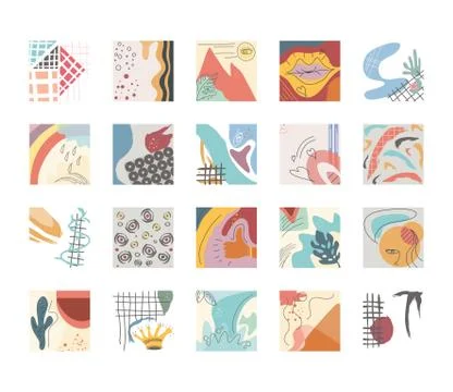 Set of abstract backgrounds, drawn with various shapes and doodles objects Stock Illustration