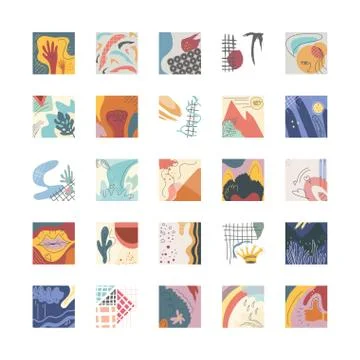 Set of abstract backgrounds, drawn with various shapes and doodles objects イラスト素材