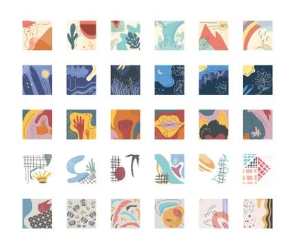 Set of abstract backgrounds, drawn with various shapes and doodles objects 스톡 일러스트
