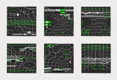 A set of abstract backgrounds with glitches and green geometric elements. Illustrazione stock