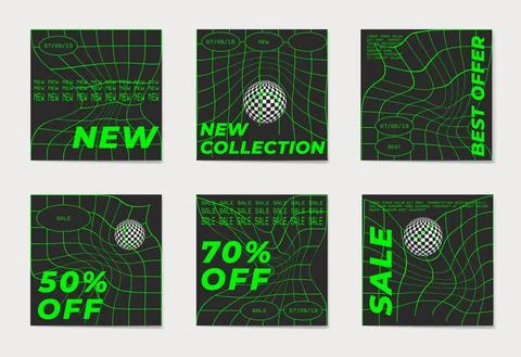 A set of abstract backgrounds with glitches and green geometric elements. Stock Illustration