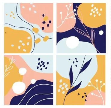 Set of abstract backgrounds with hand drawn shapes, leaves, spots. natural mo Stock-Illustration
