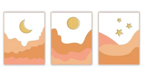 Set of abstract backgrounds mountain landscape sky, sun, moon and stars. Stock Illustration
