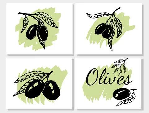 A set of abstract backgrounds with olives. Illustrazione stock