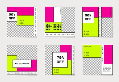A set of abstract backgrounds with pink and green geometric elements. Illustrazione stock