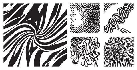 Set of abstract black and white graphic elements featuring swirl wavy distorted Иллюстрация