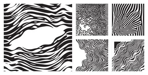 Set of abstract black and white wavy line patterns featuring hand drawn artistic Stock Illustration