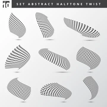 Set of abstract black color dots pattern halftone 3d twisted shapes on white Illustrazione stock