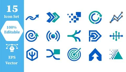 Set of abstract blue digital and connection arrow icons with connection Stock Illustration