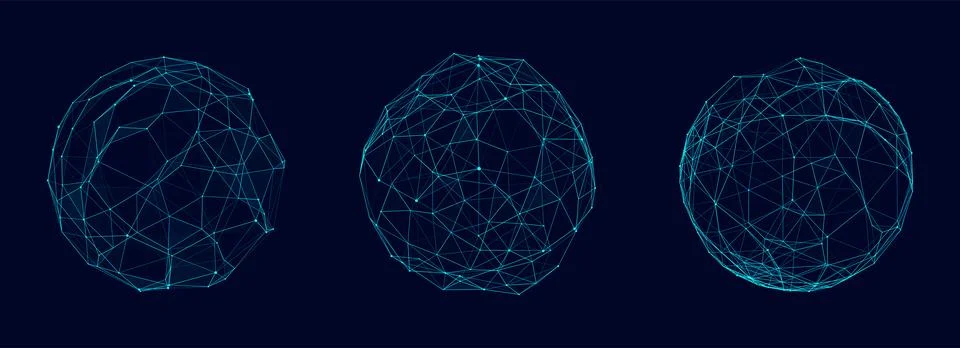 Set of abstract blue spheres from points and lines on a dark background. Ne.. Stock Illustration