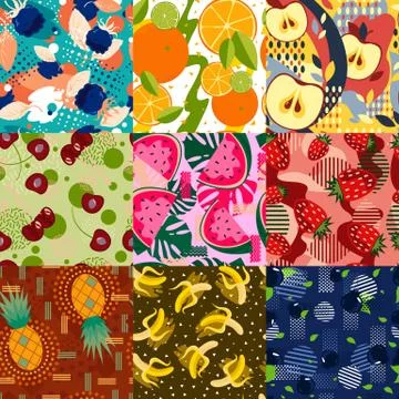 Set of abstract bright fruit seamless patterns. Stock Illustration