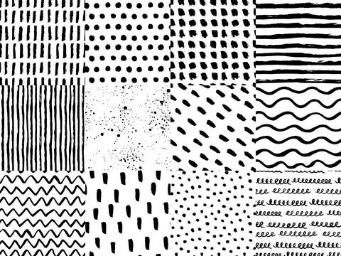 Set of abstract brush pen drawing seamless patterns Stock Illustration