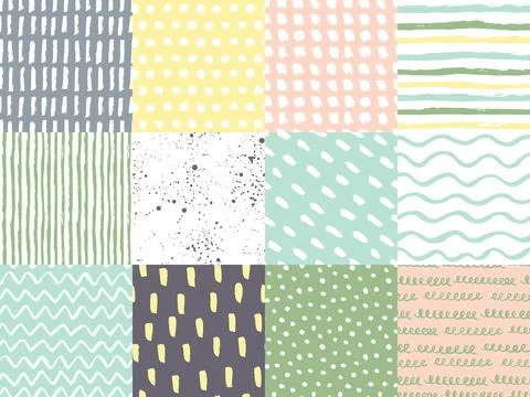 Set of abstract brush pen drawing seamless patterns Stock Illustration
